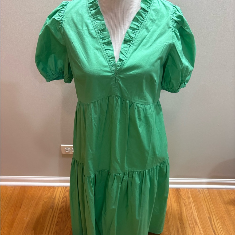 Donna Morgan Green V-Neck Puff Sleeve Tiered Midi Dress, Sz 8